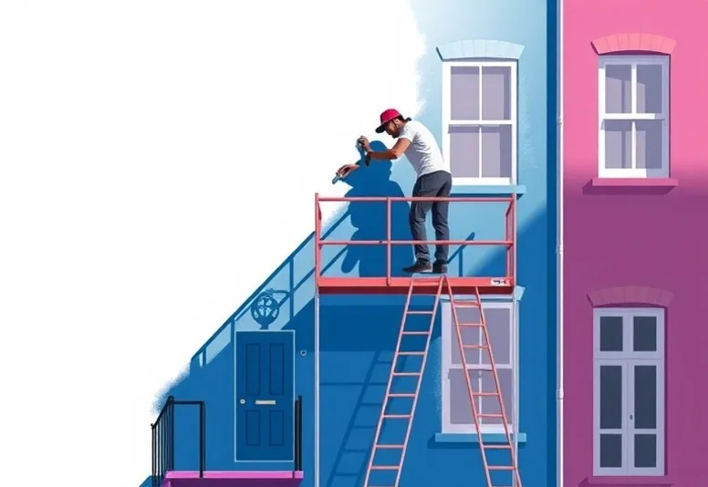 Peintre sur échafaudage traitant la façade d'une maison